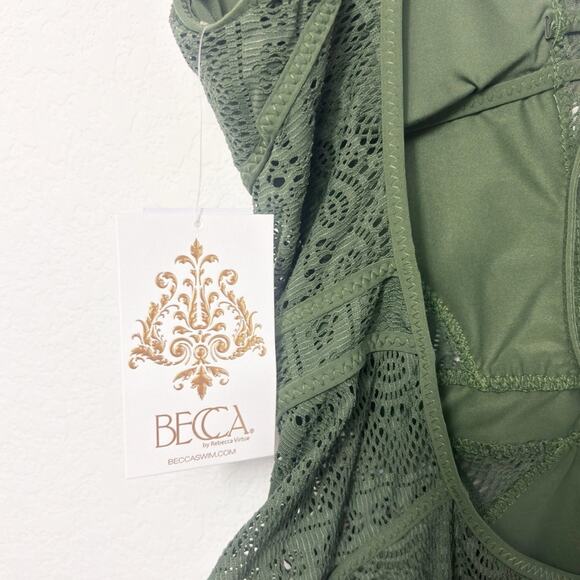 BECCA COLOR PLAY PLUNGE ONE PIECE CROCHET BOHO SWIMSUIT SAGE GREEN LARGE NEW - Picture 3 of 6